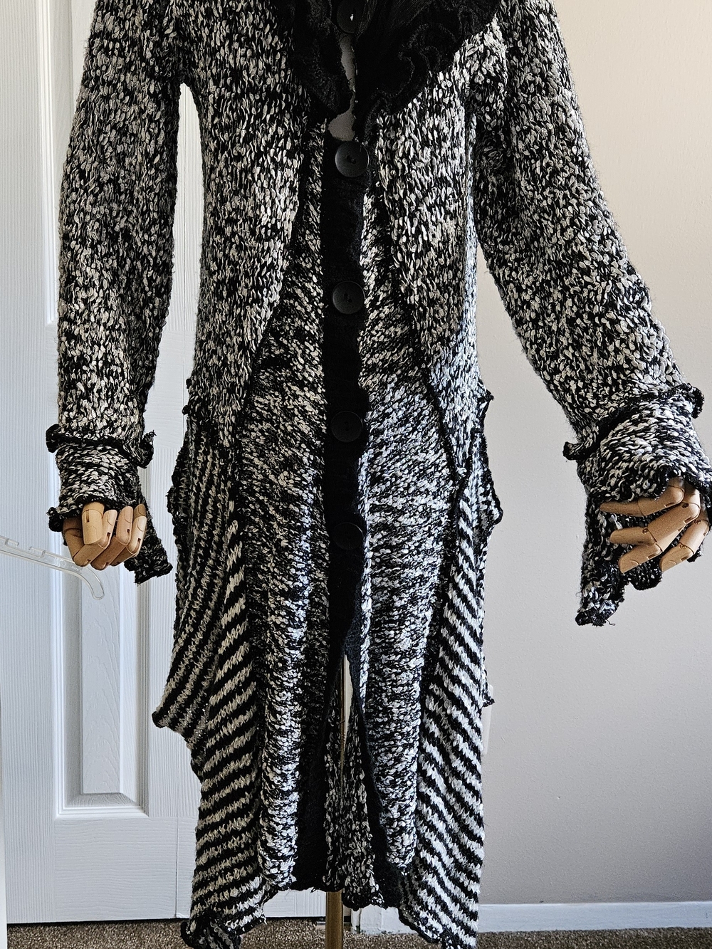 Pretty Angel Silk Wool Blend Ruffle Long Cardigan Black White Marled Duster. XL